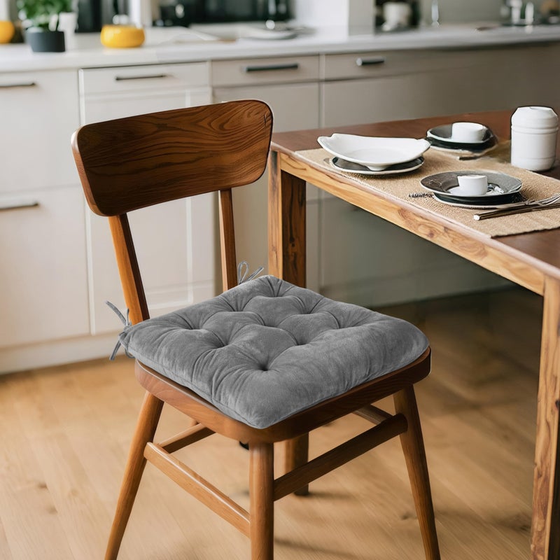 ELFJOY 4 Pack Chair Cushions for Dining Chairs Chair Pads Cushion for Kitchen Office Tufted Square Seat Cushion with Ties (16" Grey Velvet) - Image 4